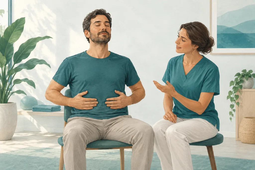 Ilustração de orientação de exercícios respiratórios numa sessão de fisioterapia cardiorrespiratória